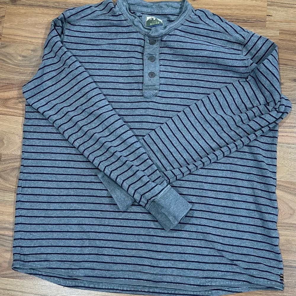 Vintage Eddie Bauer Sport Shop Henley Men's XL Long Sleeve Shirt Grey W/ Strips